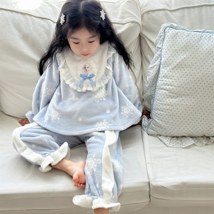 女童睡衣秋冬家居服套装 冰雪奇缘爱莎公主法兰绒花边洋气睡裙