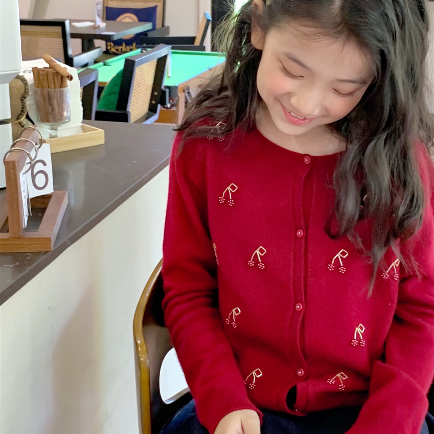 冬酒红羊毛手工串珠BP樱桃女童法式开衫红色新年圣诞长袖毛衣外套