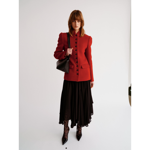 PREEKEND 羊毛羊绒混纺红色复古摩登修身正肩立领真皮扣短大衣