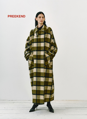 Preekend 羊驼毛军绿棋盘格慵懒茧型长款羊毛大衣