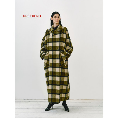 棋盘格长羊毛大衣宽松版型