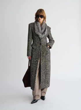 PREEKEND 羊毛混纺黑白人字纹宽肩收腰可拆卸毛领大衣