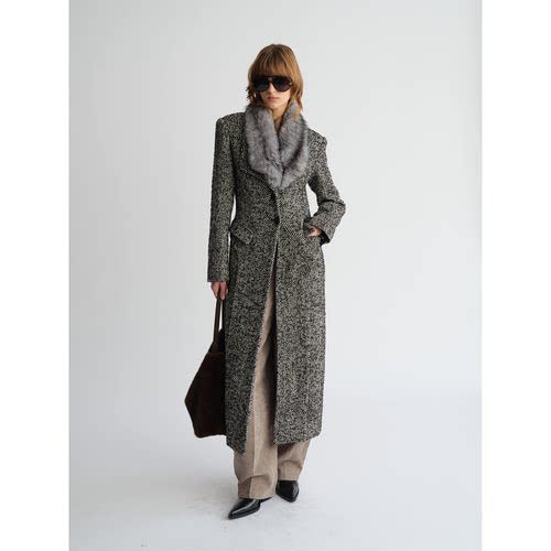 PREEKEND 羊毛混纺黑白人字纹宽肩收腰可拆卸毛领大衣