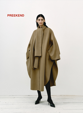 Preekend 2024 秋冬双面尼围巾领蝙蝠袖100%羊毛长大衣