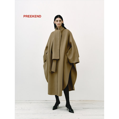 Preekend 2024 秋冬双面尼围巾领蝙蝠袖100%羊毛长大衣