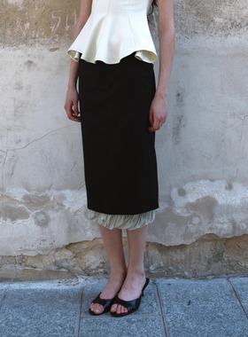 PREEKEND 2025SS黑色直筒拼接绿色压褶雪纺西装半裙