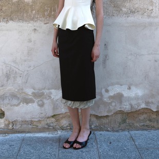 PREEKEND 半裙 2025SS黑色直筒拼接绿色压褶雪纺西装