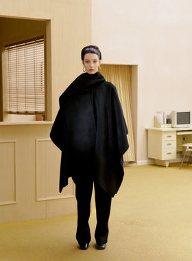 Preekend 100%初剪羊毛双面尼黑色围巾一片斗篷大衣