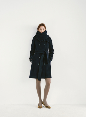 PREEKEND 藏青色双排扣可拆卸围脖系带收腰羊毛羊绒修身大衣