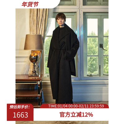 羊毛简约连衣围巾领大衣