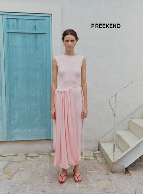 Preekend 无袖辫绳吊针织褶连衣裙