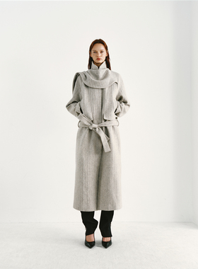 PREEKEND 浅米灰色人字纹低束腰暗门襟围巾领羊毛长大衣