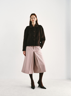 PREEKEND 咖色羊毛羊绒混纺单排圆扣娃娃领宽松短大衣外套