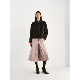 PREEKEND 咖色羊毛羊绒混纺单排圆扣娃娃领宽松短大衣外套