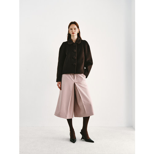 PREEKEND 咖色羊毛羊绒混纺单排圆扣娃娃领宽松短大衣外套