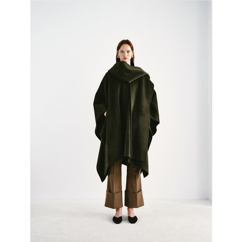 PREEKEND 军绿色羊毛牦牛绒蚕丝混纺双面呢围巾领一片斗篷大衣