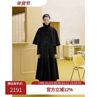 Preekend 白色可拆卸披肩斗篷修身长款羊羔毛大衣