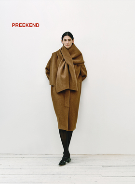 Preekend 100%羊毛棕色可拆卸围巾领茧型中长大衣