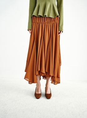 PREEKEND 复古红棕不规则褶皱大裙摆半身裙