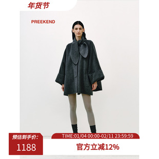 Preekend 山羊绒蚕丝羊毛混纺灰色斗篷蝙蝠袖兔耳朵领羊绒短大衣
