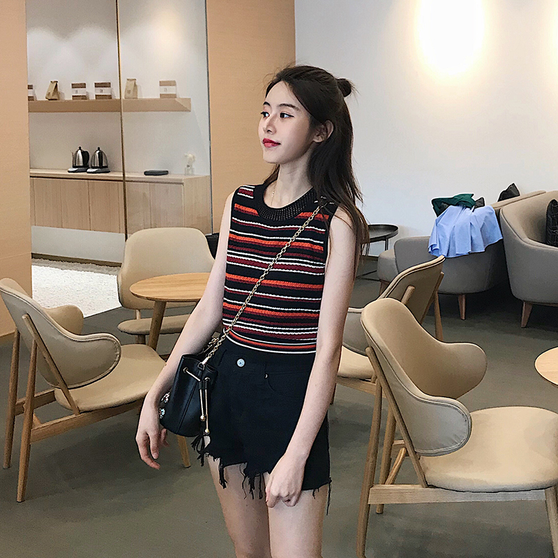 复古彩虹条纹镂空针织背心女外穿夏新款韩版学生撞色无袖t恤上衣