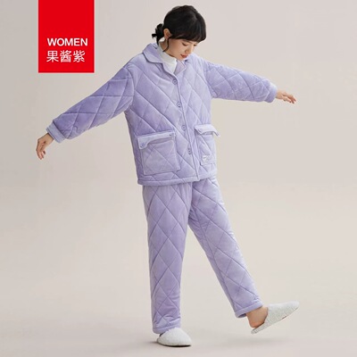 红豆品牌门店冬季夹棉睡衣女开衫男三层加厚珊瑚绒保暖家居服套装