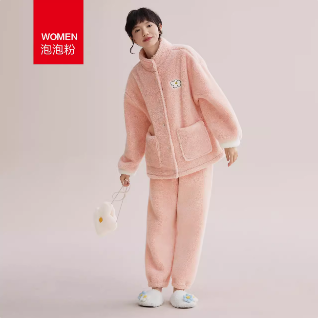 红豆女士睡衣秋冬季珊瑚绒加厚立领可爱少女可外穿休闲家居服套装