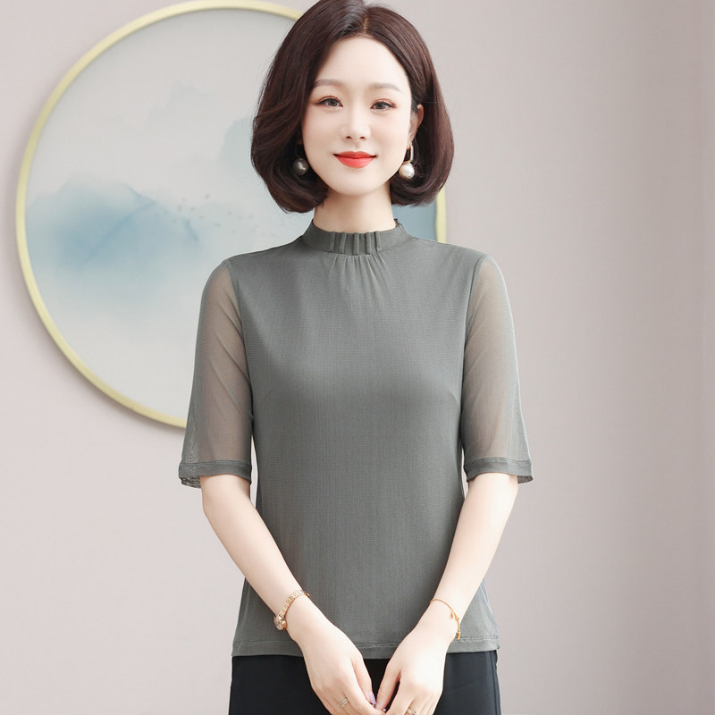 真丝网纱五分袖T恤女半高领5152