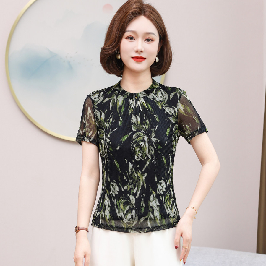 100%桑蚕丝网眼短袖T恤女打底衫