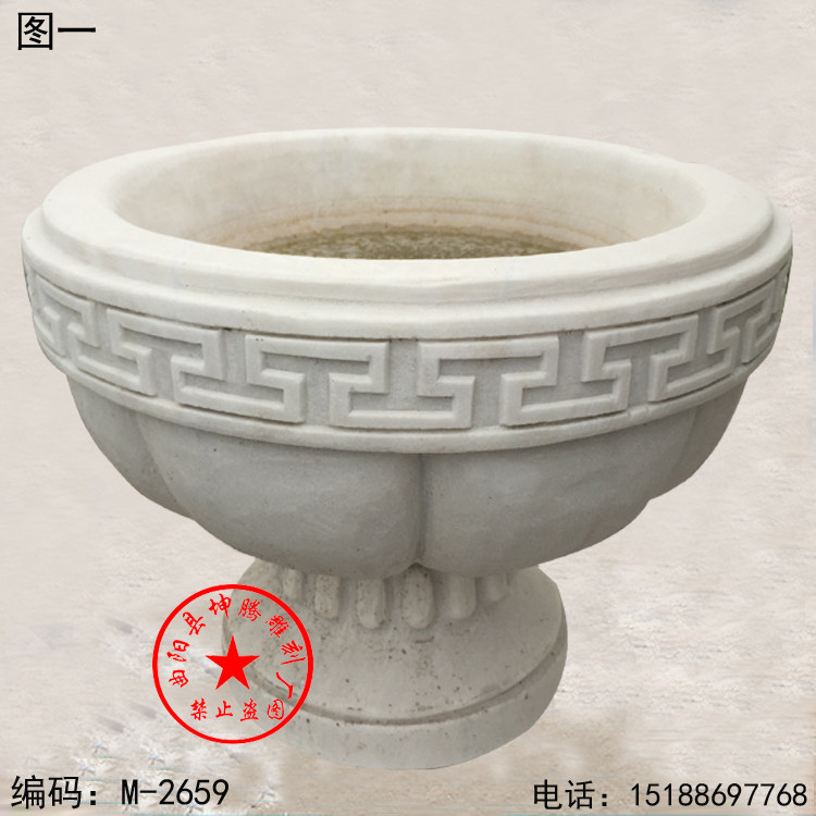 石雕花盆汉白玉大理石仿古做旧花盆鱼缸造型精美家居门庭装饰摆件