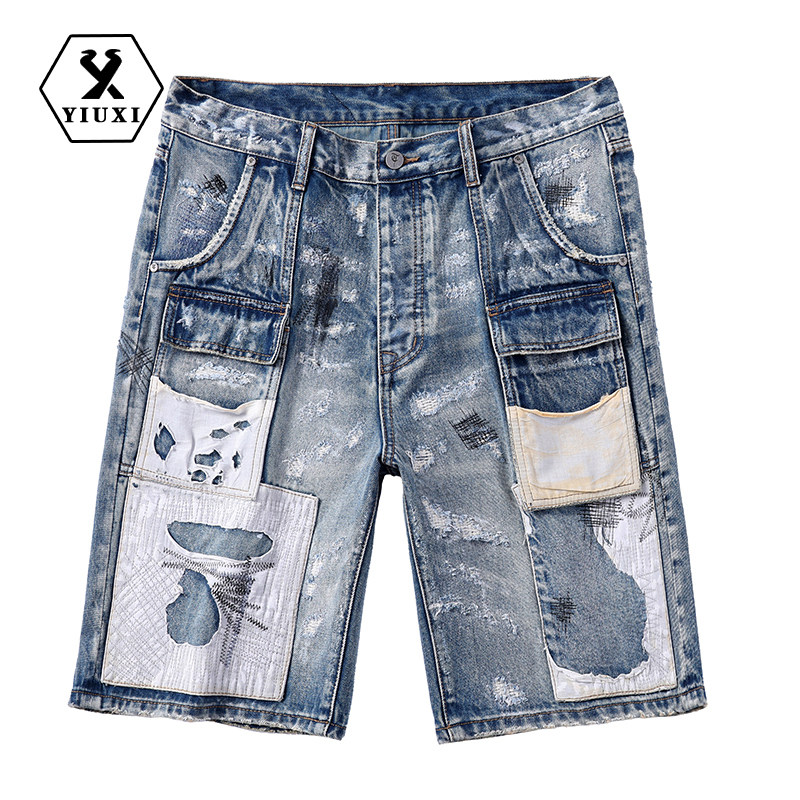宇犀原创设计高品质男装破洞补丁牛仔短裤潮流休闲修身五分裤13-1