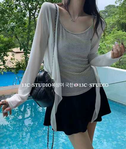 Honey studio夏季新款清氧感韩版条纹吊带背心防晒长袖开衫两件套