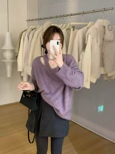 法式紫色镂空软糯加厚毛衣打底衫女秋冬可外穿内搭短款针织衫上衣