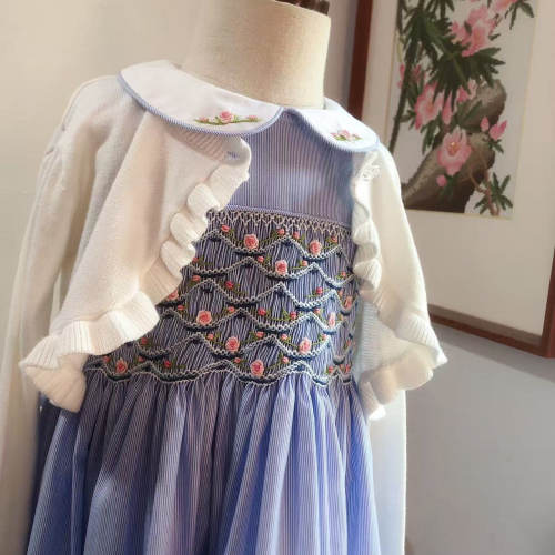 夏季重手工花朵刺绣打揽连衣裙花瓣领子蓝色条纹公主裙纯棉生日