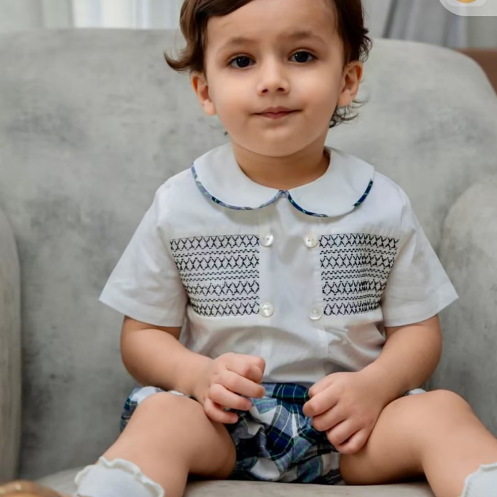 2025春夏男童打揽套装英伦蓝色格纹纯棉短裤上衣套装西班牙风现货