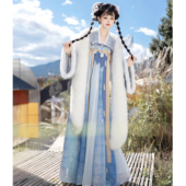 原创唐制汉服女齐胸襦裙改良斗篷外套春秋套装 素羽华裳 冰糖丸子