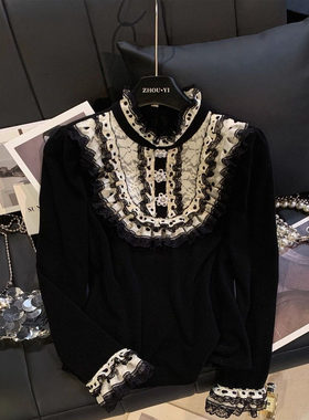 法式气质休闲黑色木耳边蕾丝拼接长袖T恤女2025秋冬新款洋气上衣