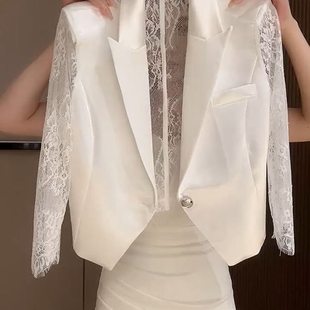 领七分袖 2025夏季 显瘦西装 新款 防晒短外套女 缎面拼接蕾丝收腰修身