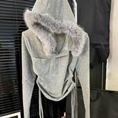 新款 韩系设计感毛领拼接连帽长袖 T恤女2025秋季 慵懒风显瘦上衣潮