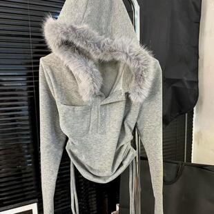 慵懒风显瘦上衣潮 新款 韩系设计感毛领拼接连帽长袖 T恤女2025秋季