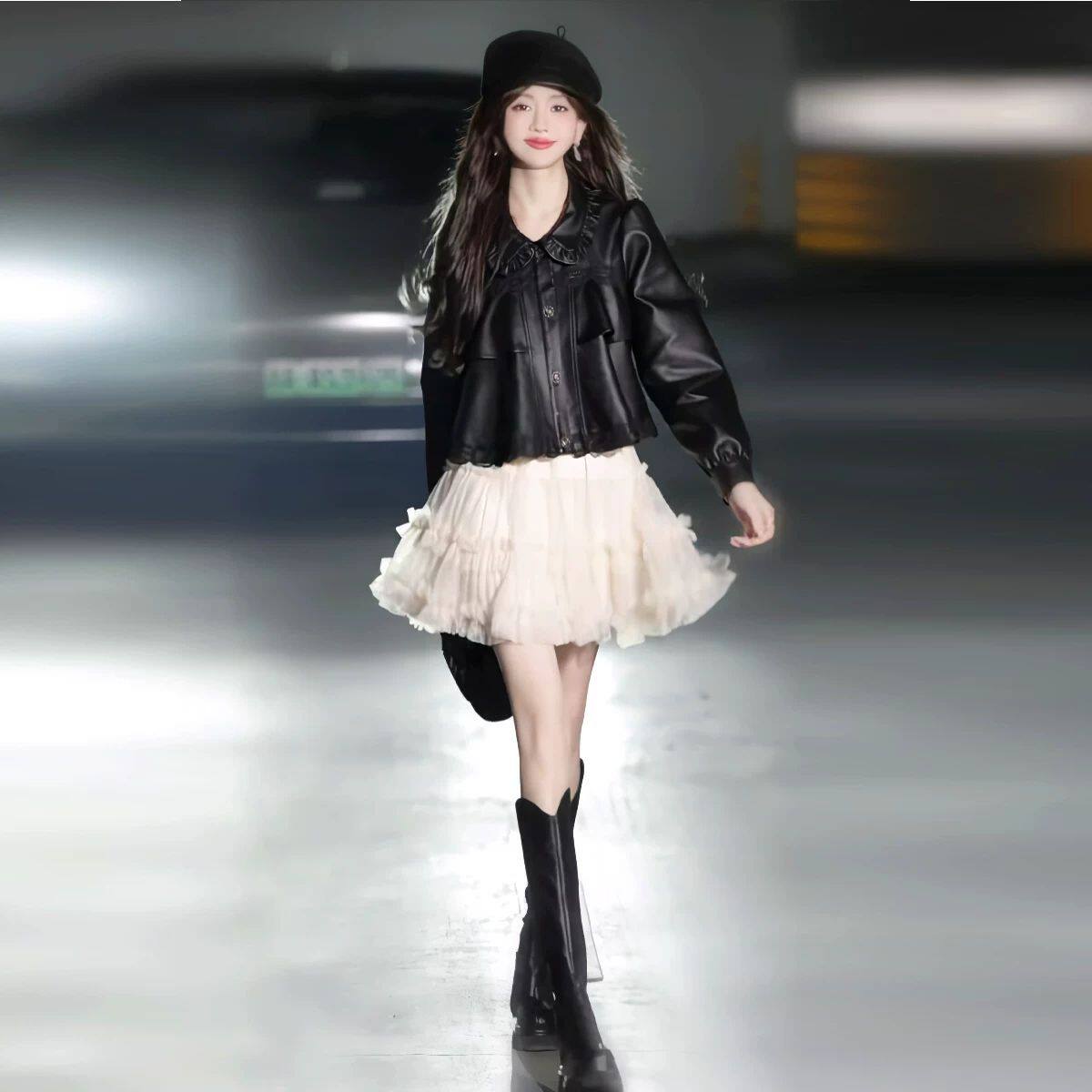 温柔风轻奢时尚感百搭皮衣2026早春女高腰网纱蓬蓬短裙大码两件套