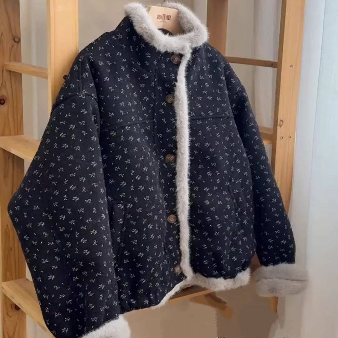 韩版高级感碎花立领拼接毛毛长袖外套女2025冬季新款洋气保暖上衣,女装/女士精品,常规大码外套,淘宝优惠券,粉丝福利购,淘宝优惠卷