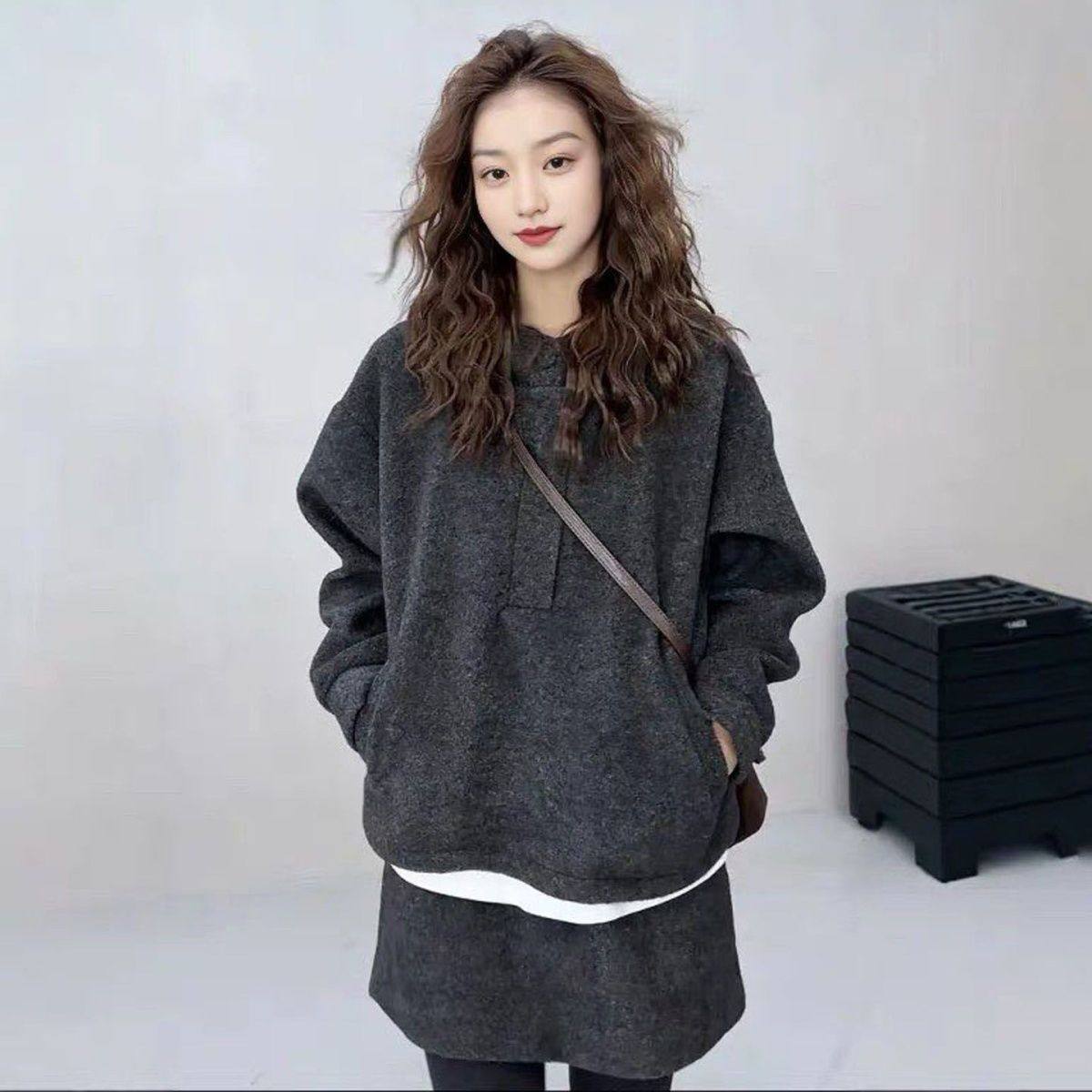 巨好看两件套冬装小个子韩系时尚休闲毛呢连帽卫衣半身裙套装女,女装/女士精品,大码套装,淘宝优惠券,粉丝福利购,淘宝优惠卷