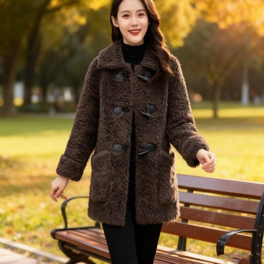 通勤风皮毛一体外套女2025冬季休闲加绒加厚牛角扣中长款长袖大衣,女装/女士精品,常规大码外套,淘宝优惠券,粉丝福利购,淘宝优惠卷