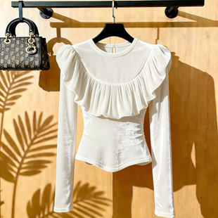 女秋冬超好看独特漂亮气质高端白色丝绒上衣 内搭衬衫 巨好看 冬装