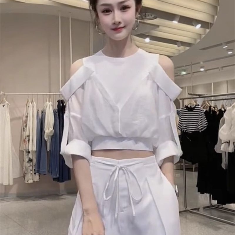 超仙露肩拼接薄款防晒衬衫女夏