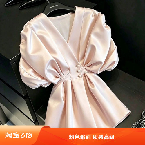 小众缎面粉色衬衫女夏新款上衣