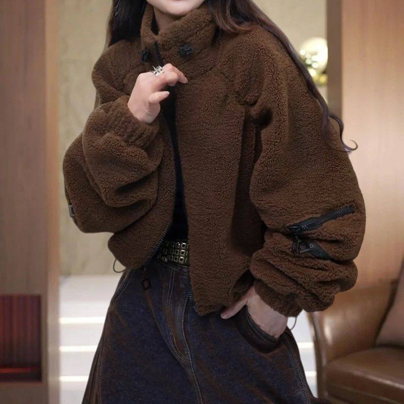 颗粒绒柔软宽松遮肉立领拉链开衫女高级感纯色保暖短外套冬季新款,女装/女士精品,常规大码外套,淘宝优惠券,粉丝福利购,淘宝优惠卷