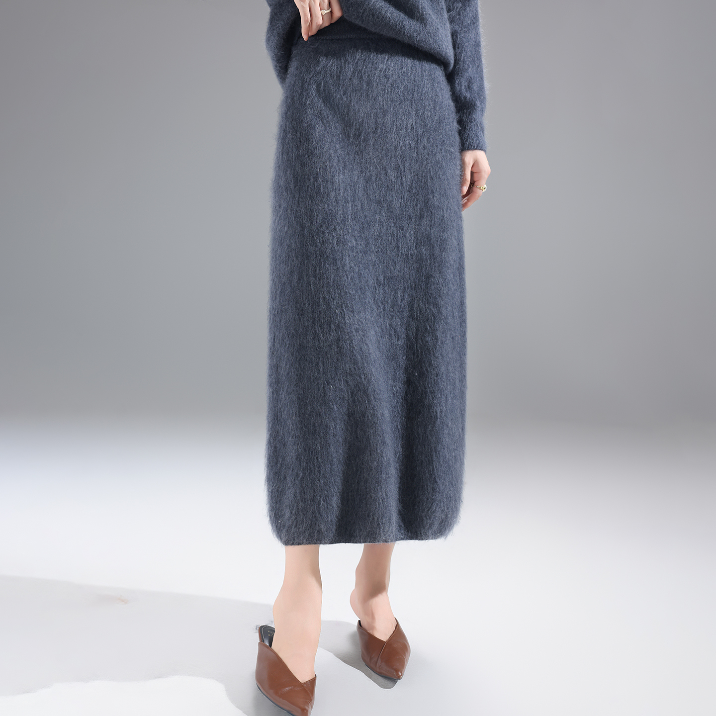 精致拉毛羊毛针织半身裙女中长款包臀直筒一步裙拉绒高腰过膝长裙