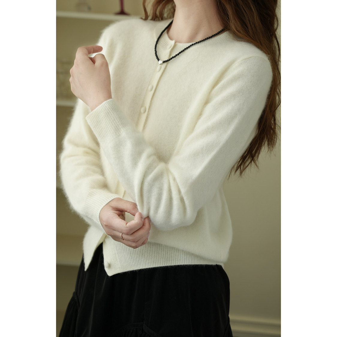 秋冬拉绒羊毛衫女圆领单排包扣外搭针织休闲拉毛开衫宽松显瘦纯色